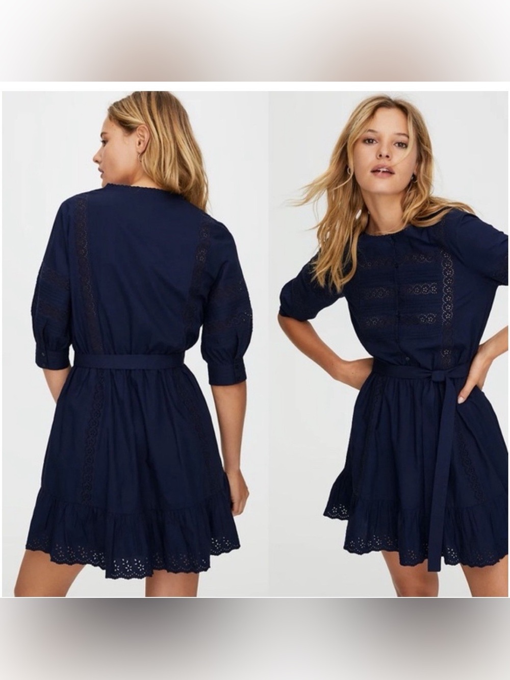 Aritzia Sunday Best Soroya Cotton Eyelet Dress Puff Sleeve Navy Blue Size XS